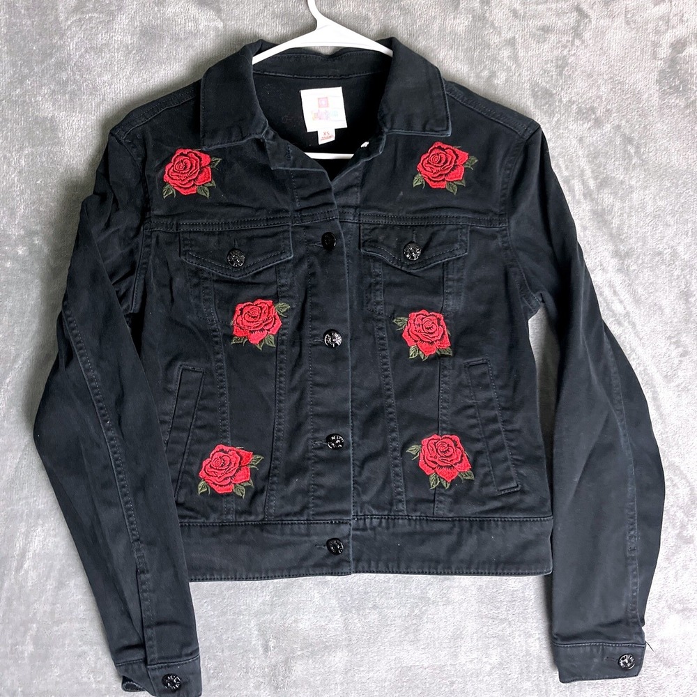 LuLaRoe Jaxon Jacket Women XS Black Red Rose Embroidered Floral Denim Trucker